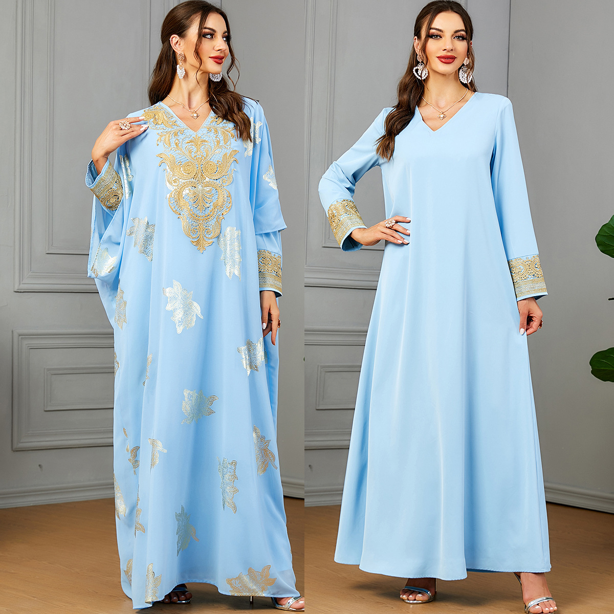 3495 Middle East Cross-Border Dubai New Muslim Robe Bronzing Arabic Women's Loose Two-Piece Dress - Image 2
