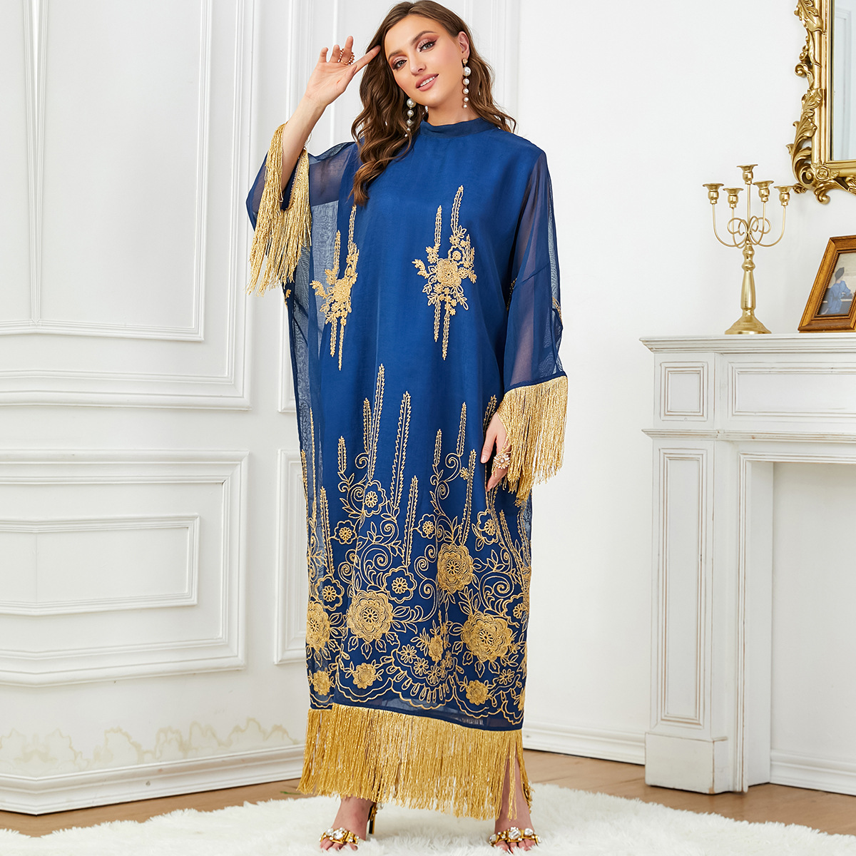 3650 Middle Eastern Muslim Robe Cross-Border Women's European And American Bat Sleeves Tassel Splicing Abaya Dress