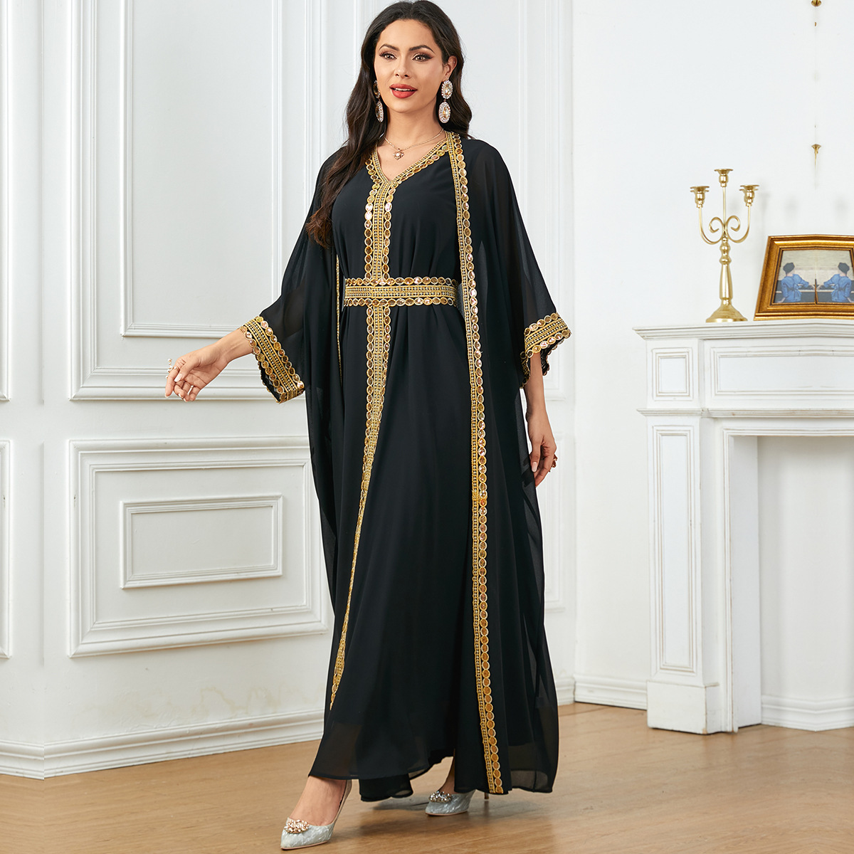 3841 Middle East Foreign Trade Cross-Border 2024 New Muslim Chiffon Solid Color V-Neck Gold Webbing Loose Dress - Image 2
