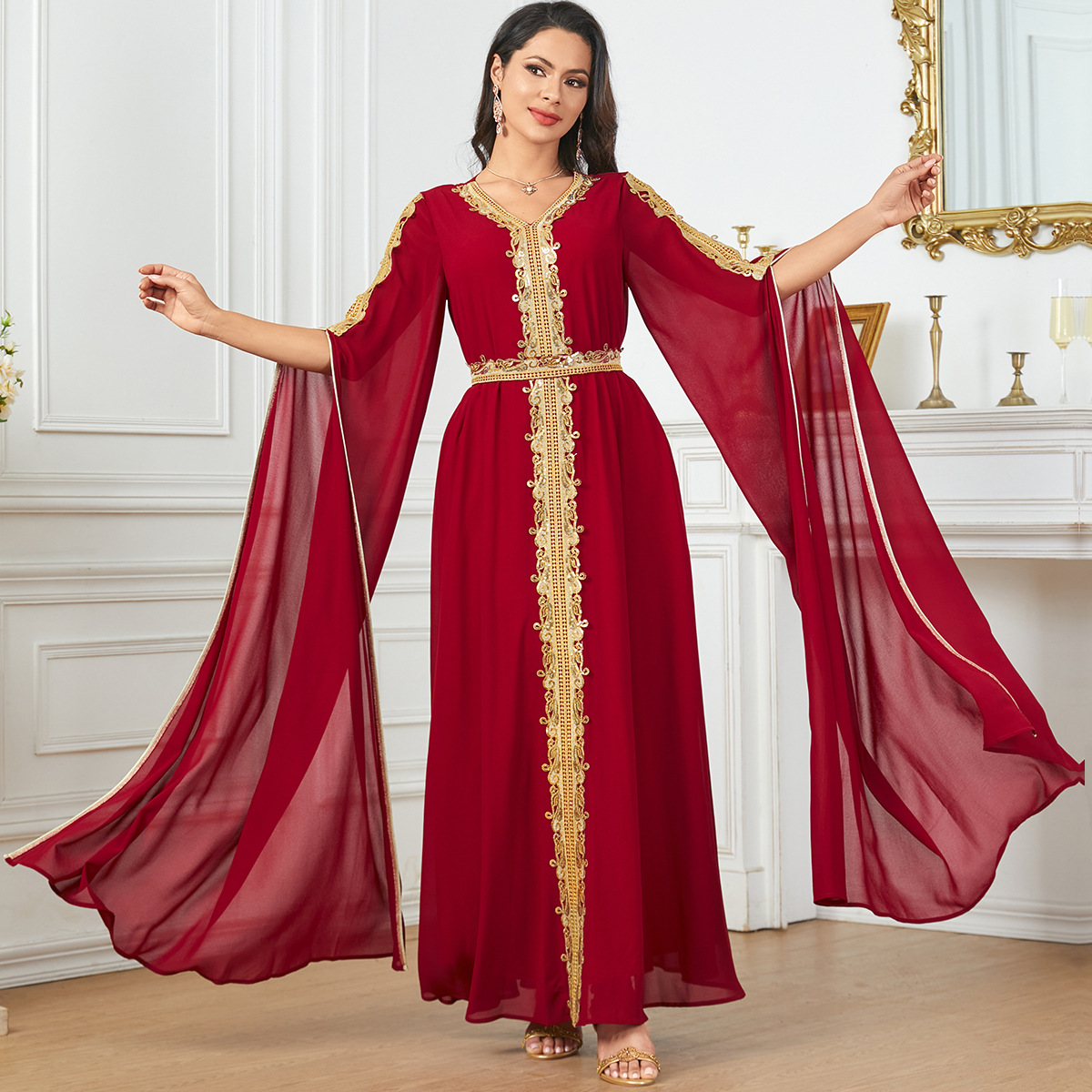 3917 Middle East Dubai Elegant Evening Dress Long Dress Golden Lace Splicing Ultra Long Sleeve Dress Muslim Clothing - Image 4