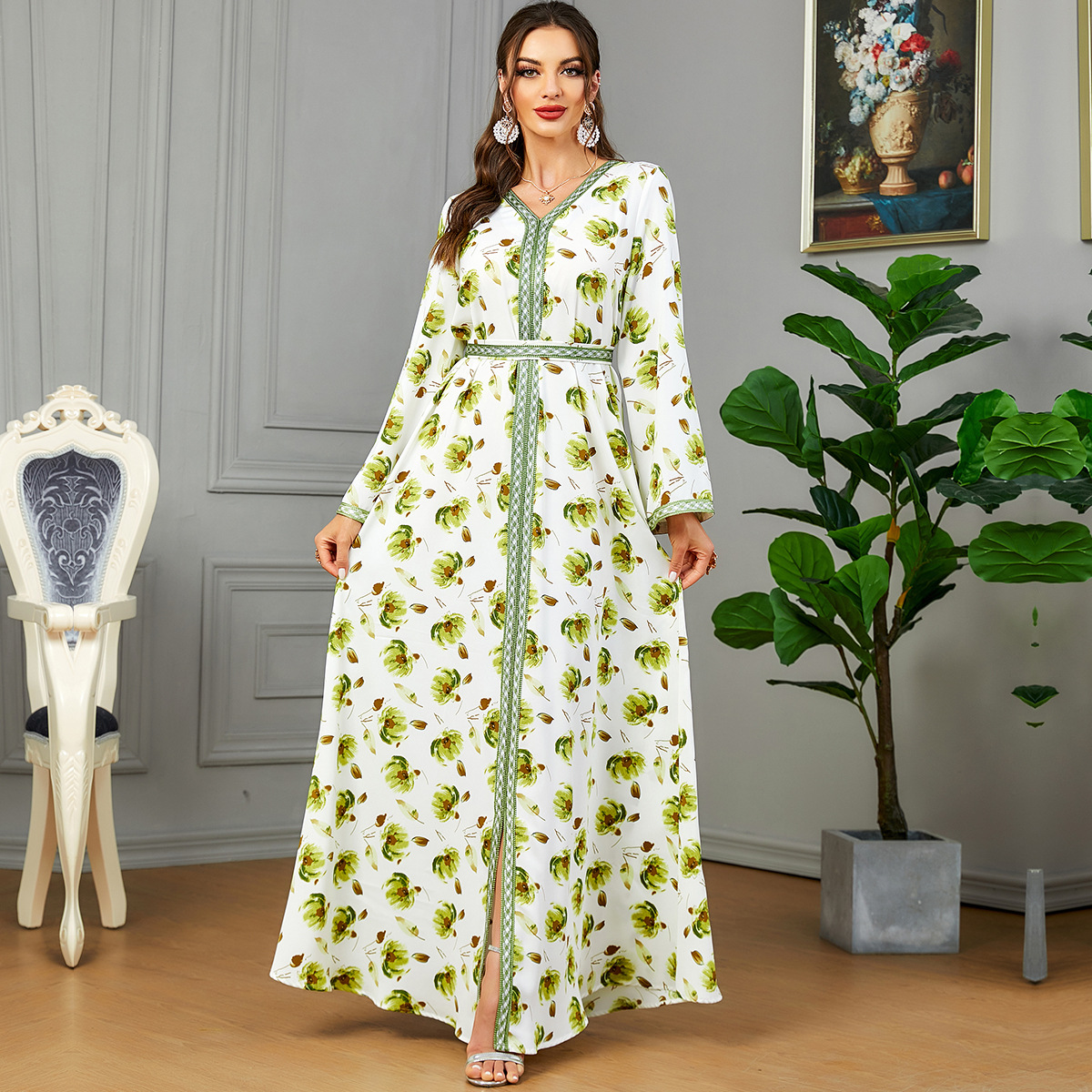 3596 Middle Eastern Arabian Clothing Casual Party New Long Skirt Printed Slit Dubai Dress - Image 2