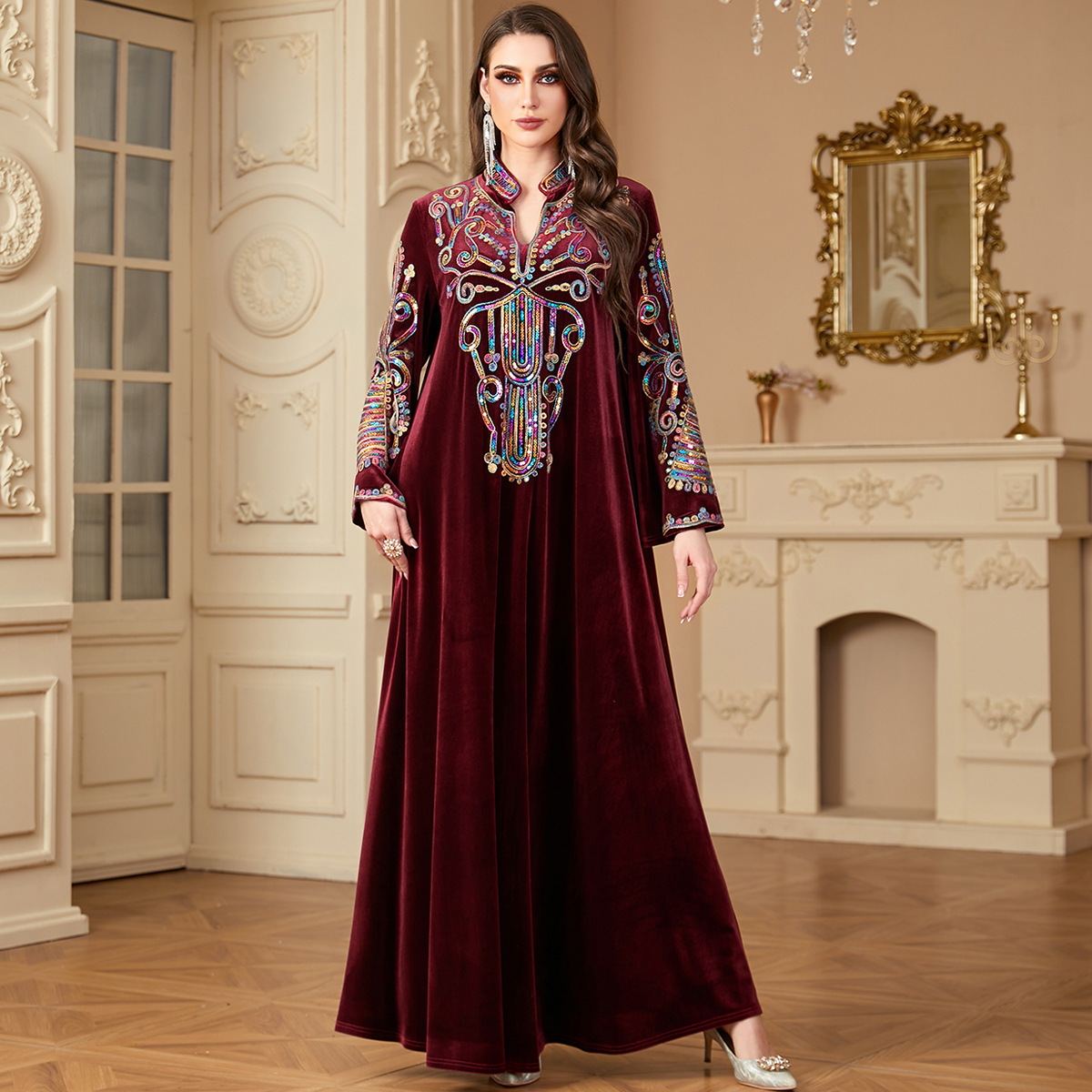 4199 Middle East Cross-Border Gold Velvet Sequin Rope Embroidery Arabic Long Skirt Muslim Autumn And Winter Long-Sleeved Dress
