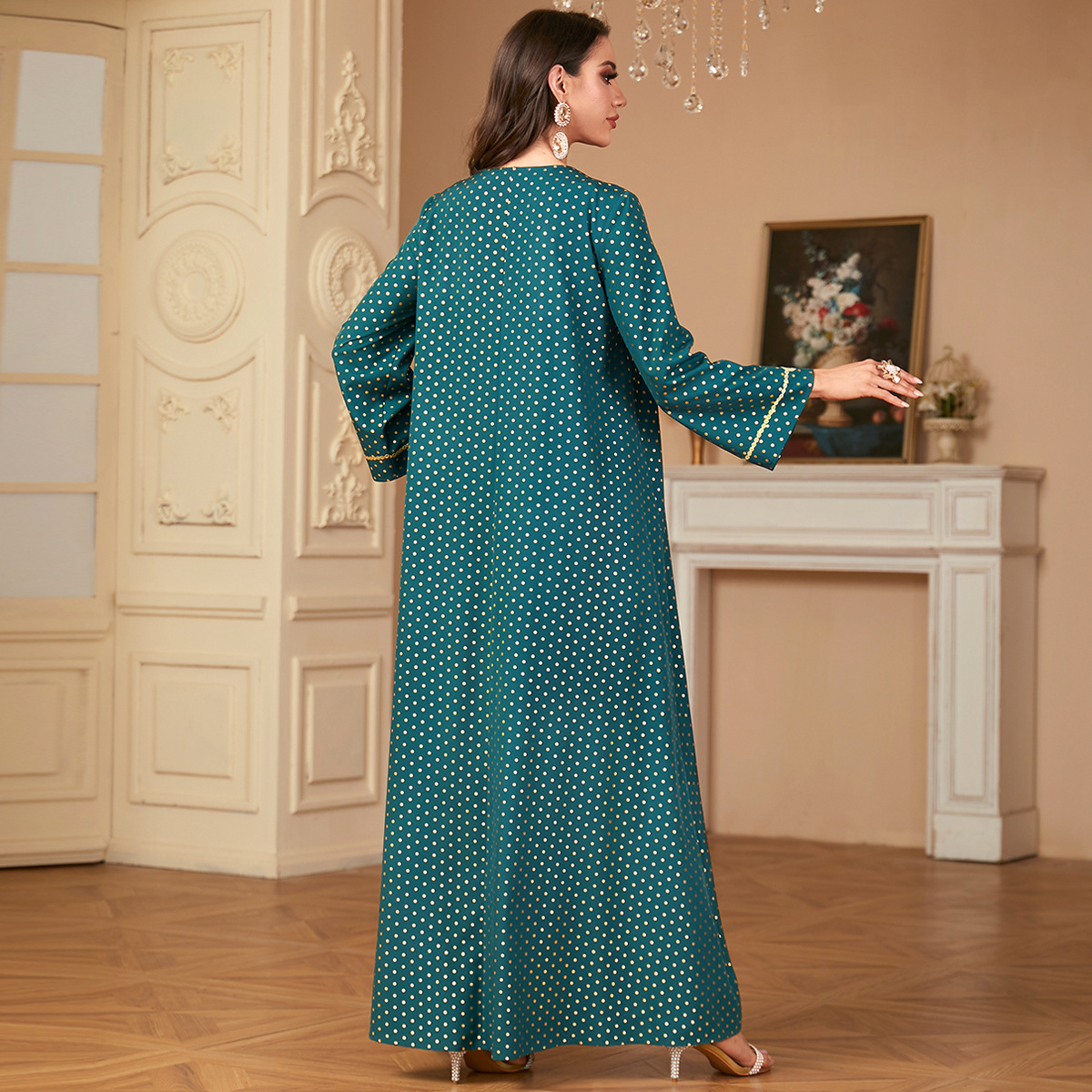 2855 Middle East Cross-Border New Temperament V-Neck Muslim Robe Embroidered Hot Stamping Long-Sleeved Dress For Women - Image 4