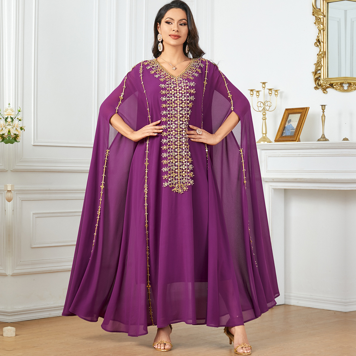 3907 Turkish Middle Eastern Fashion Spliced Embroidered Chiffon Loose Women's Muslim Robe Bat Sleeve Dress - Image 4