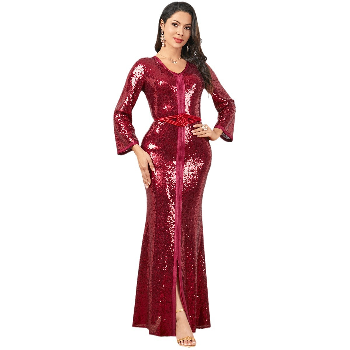 3912 Middle East Cross-Border Muslim Dubai Foreign Trade Long Dress V-Neck Slim Fashion Slit Robe Dress - Image 5