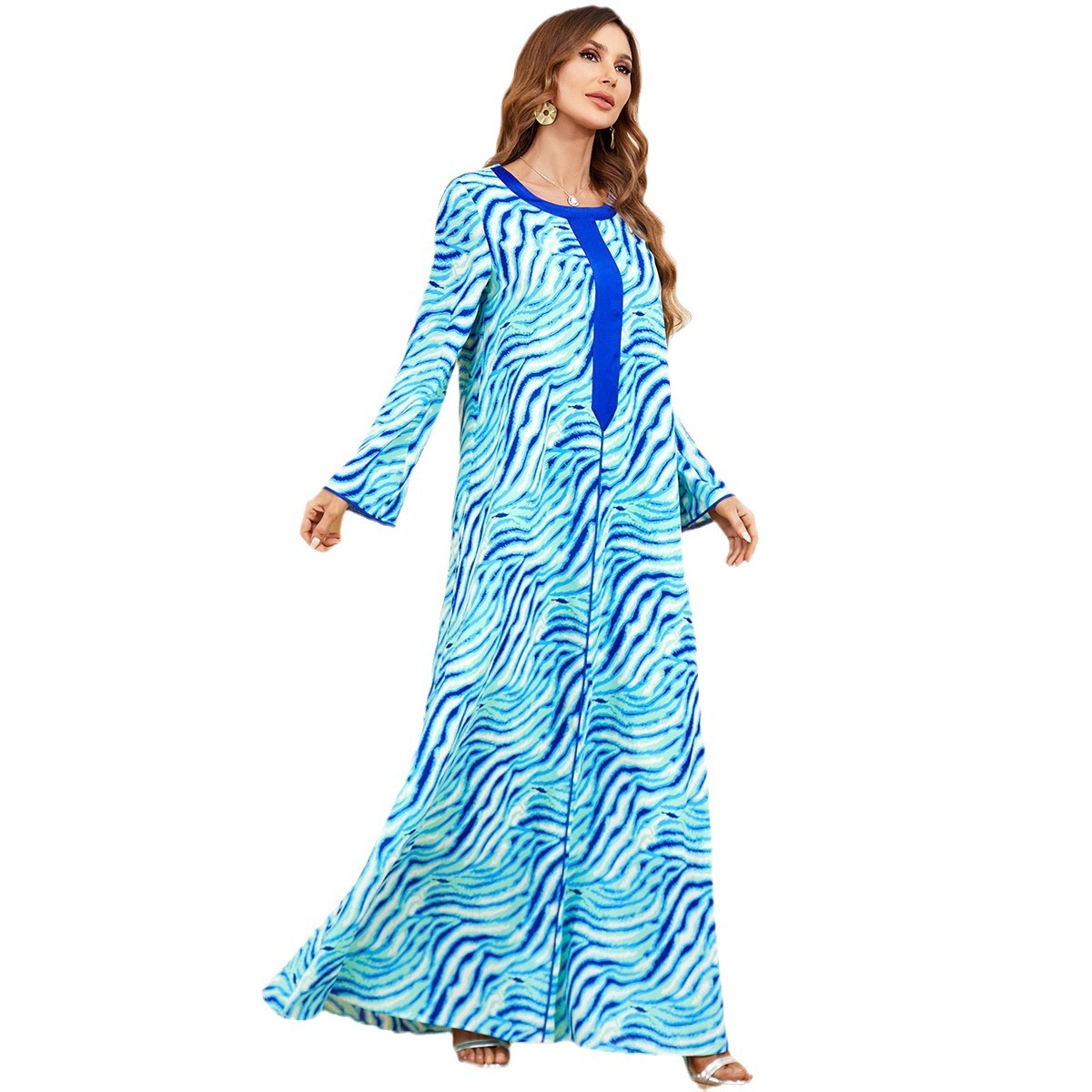 3441 Spot Wholesale Middle East Dubai Women's Clothing Spliced Extra Long Sleeve Spring Women's Abaya Casual Dress - Image 5