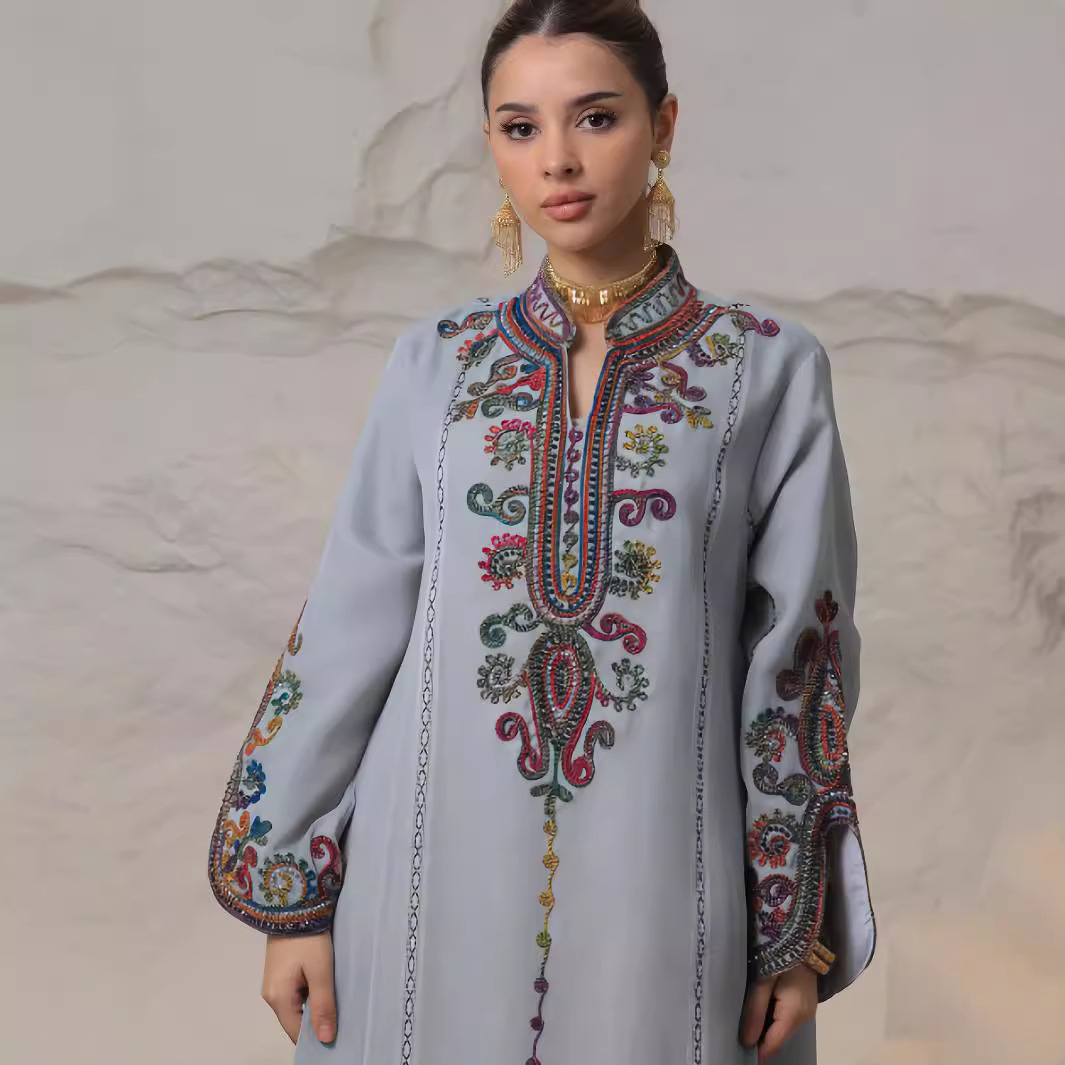 4069 Middle East Amazon Cross-Border Muslim Robe Heavy Industry Rope Embroidery Craft Casual Dress Foreign Trade Women's Clothing - Image 4