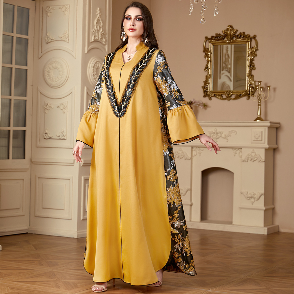 4174 Middle East Cross-Border Muslim Robe Women's Long Skirt Jacquard Stitching Contrast Embroidery V-Neck Long-Sleeved Dress - Image 2