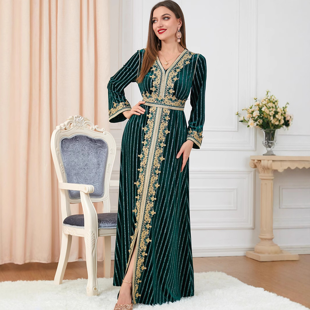 3271 Cross-Border Women's Clothing Downstream Popular Long-Sleeved Slit Autumn And Winter Women's Wear Arabic Velvet Dress - Image 4