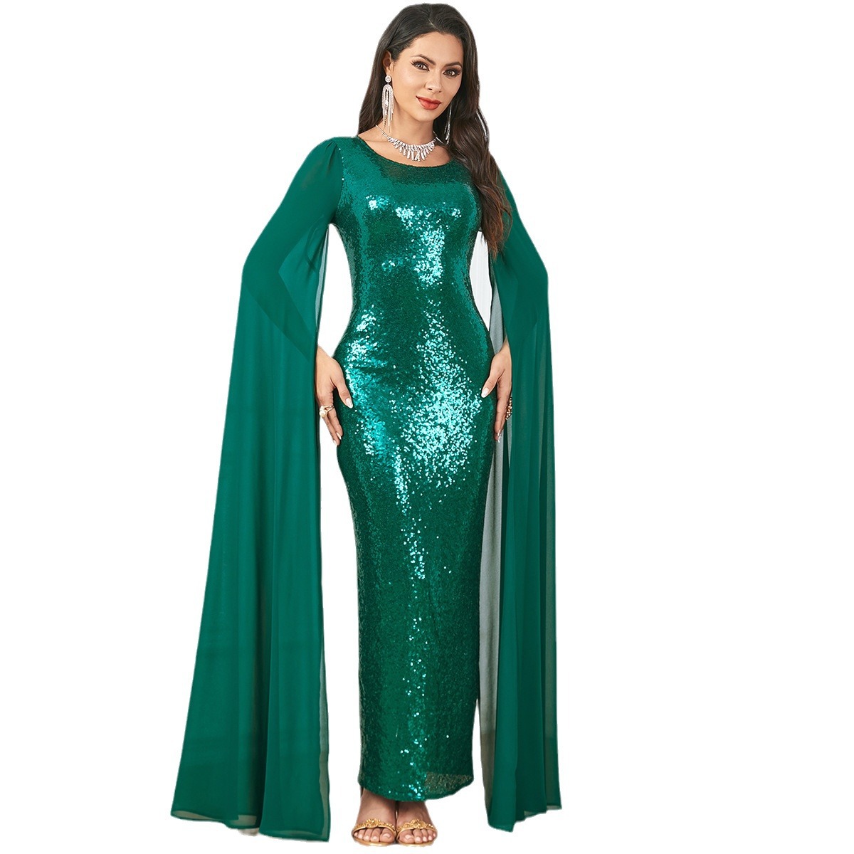 3899 European And American Foreign Trade Medium-Sized Cross-Border Ultra-Long-Sleeved Arabic Dress With Elegant Sequined Dress - Image 5