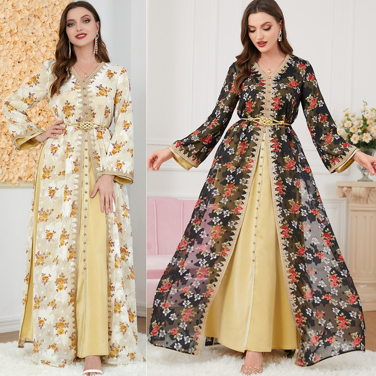 3283 Apricot Muslim Dress New Spring And Summer Women's Foreign Trade Two-Piece Long Skirt Cross-Border Long-Sleeved Dress - Image 5