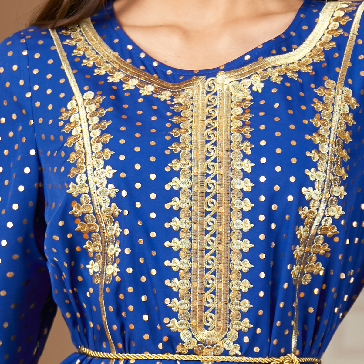 2790 Middle East Cross-Border Arabic Robe Women's Polka Dot Bronzing Embroidery Round Neck Long Skirt New Dress - Image 3