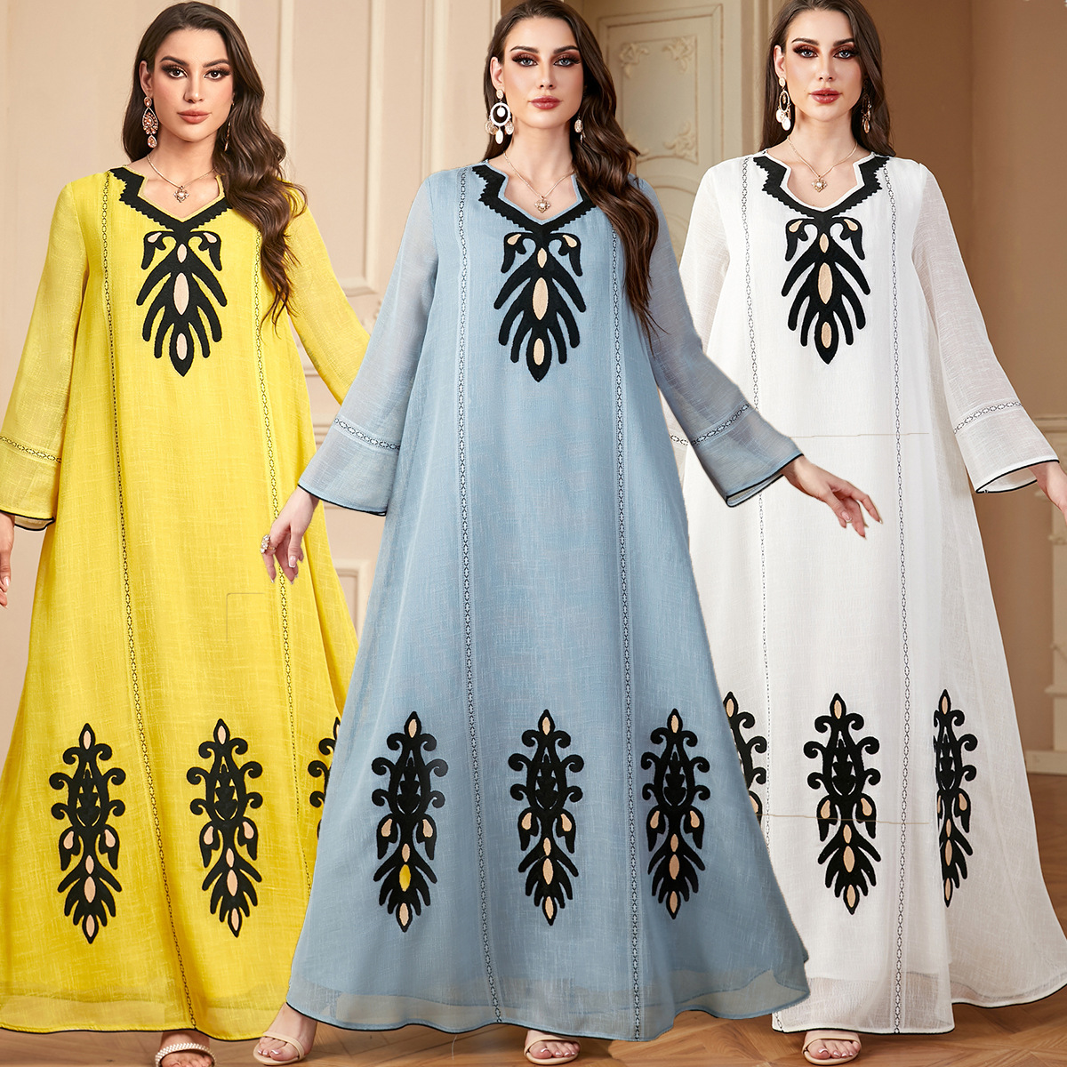 4091 Amazon Temu Middle East Cross-Border Muslim Robe Women's Embroidered Long-Sleeved European And American Foreign Trade Dress